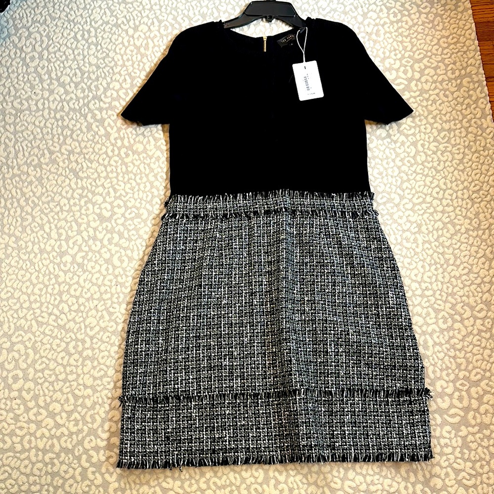 Ted baker, black, silver and white embroidered size 5 dress, snazzy never worn